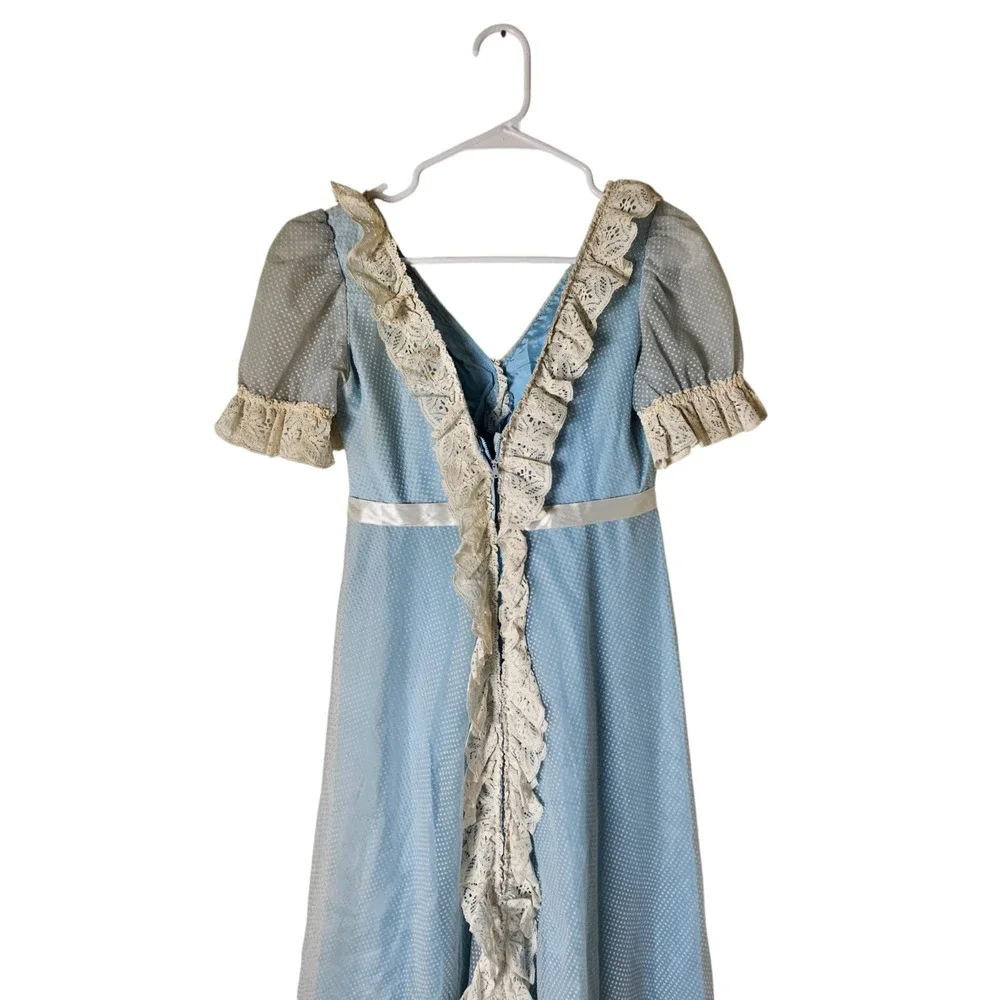 VTG Prairie Dress Sheer Mesh Overlay  7 Bany‎ Blue Lace Trim 1970s Cottagecore
